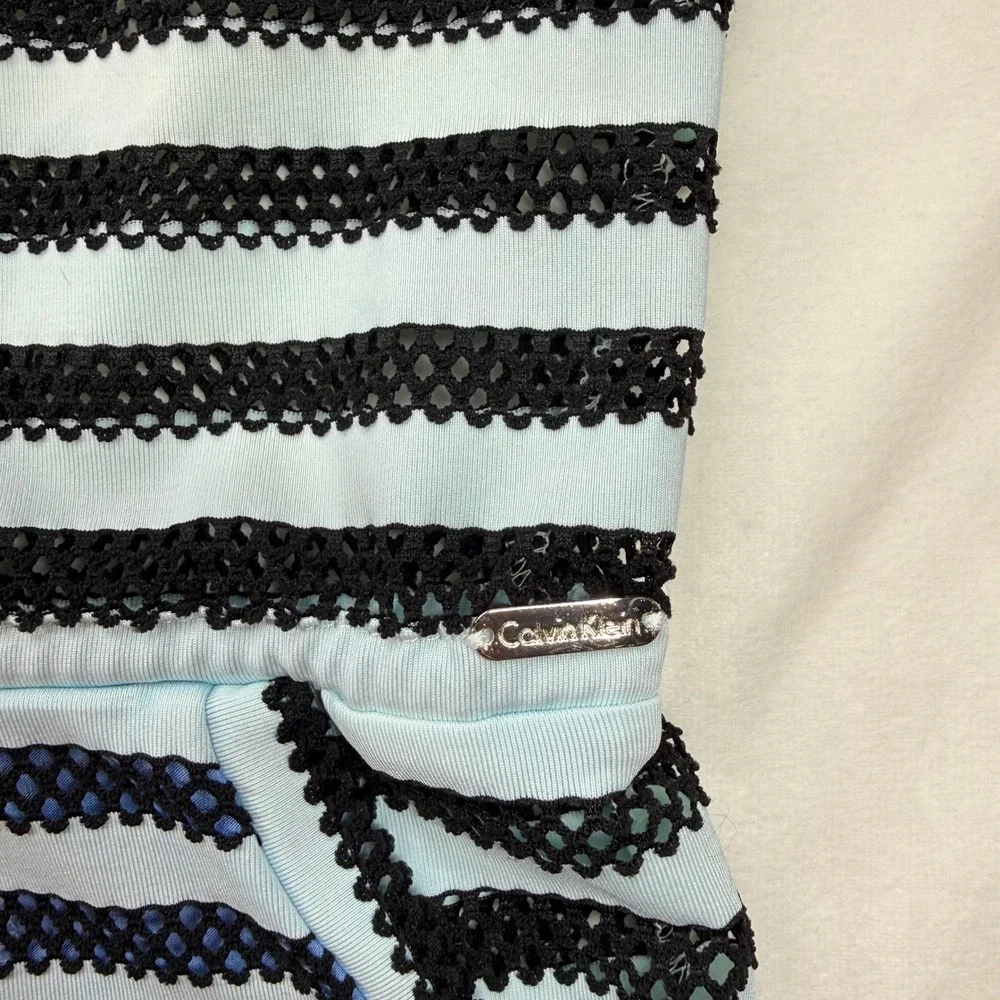 Calvin Klein Striped Mesh‎ Swim Cover-Up Dress Blue Black V-Neck Pockets Large